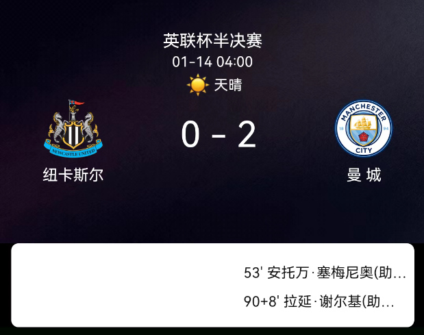 英联杯半决赛首回合：塞门约破门  曼城2-0纽卡占先机