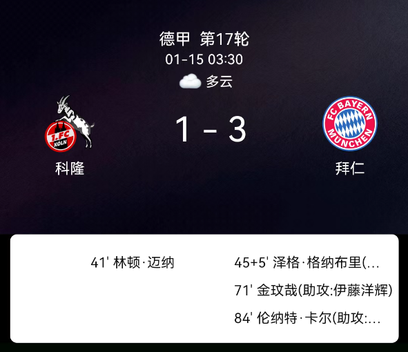 德甲第17轮：格纳布里救主金玟哉建功  拜仁3-1客胜科隆