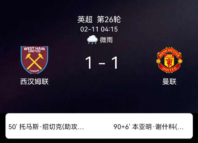 英超第26轮：绍切克破门谢什科补时绝平 西汉姆联1-1曼联