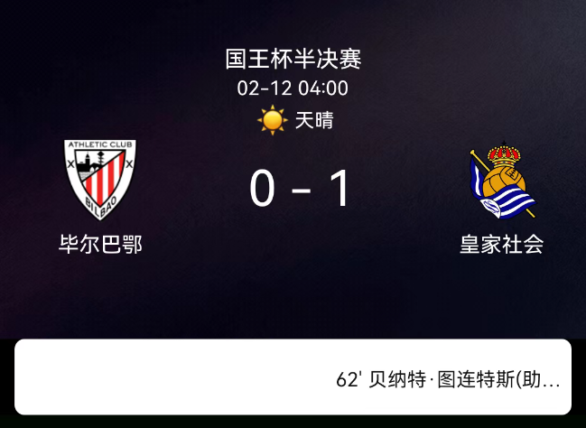 国王杯半决赛：图连特斯破门制胜 皇家社会1-0毕尔巴鄂